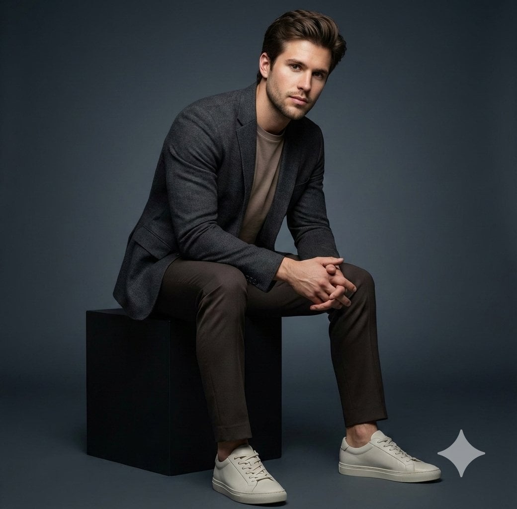Ultra-realistic studio portrait of a man matching the reference face exactly, se