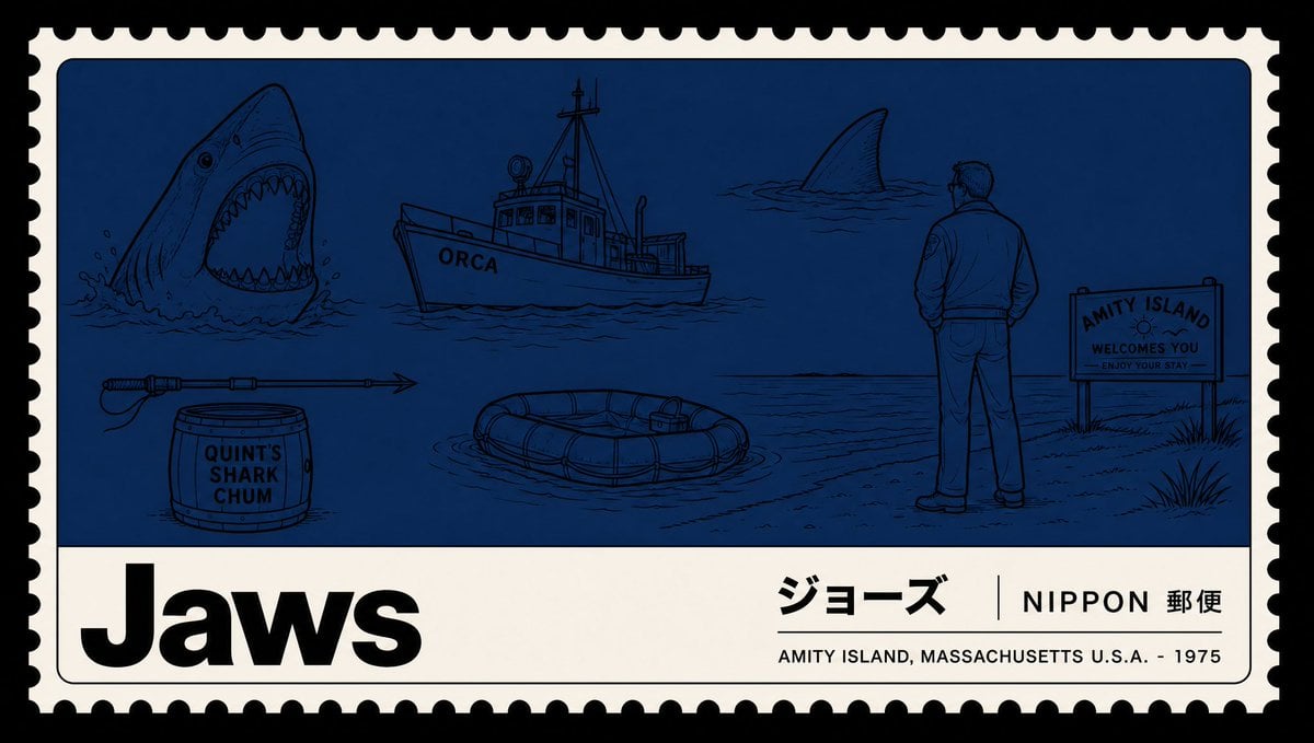 Minimalist Japanese postage stamp movie poster in the "Nano Banana 2" / Nippon Y
