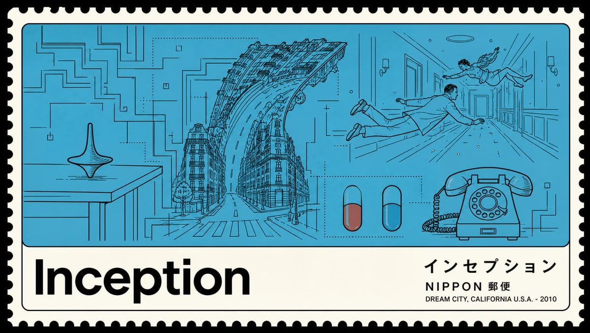 Minimalist Japanese postage stamp movie poster in the "Nano Banana 2" / Nippon Y