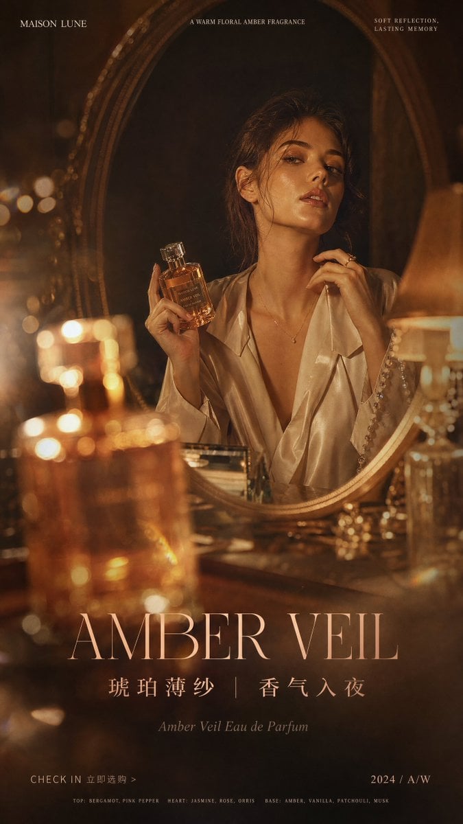 Create a vertical 9:16 high-end fashion campaign poster for [Brand Name], featur