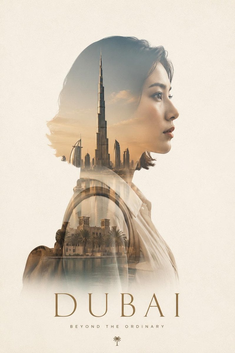 Ultra-premium double exposure travel poster, elegant side-profile portrait of a 