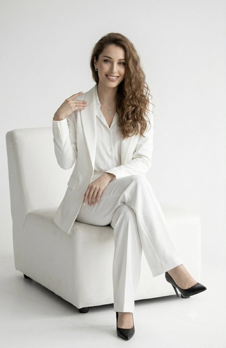 A full-length studio portrait of a confident, smiling woman with long, wavy brow