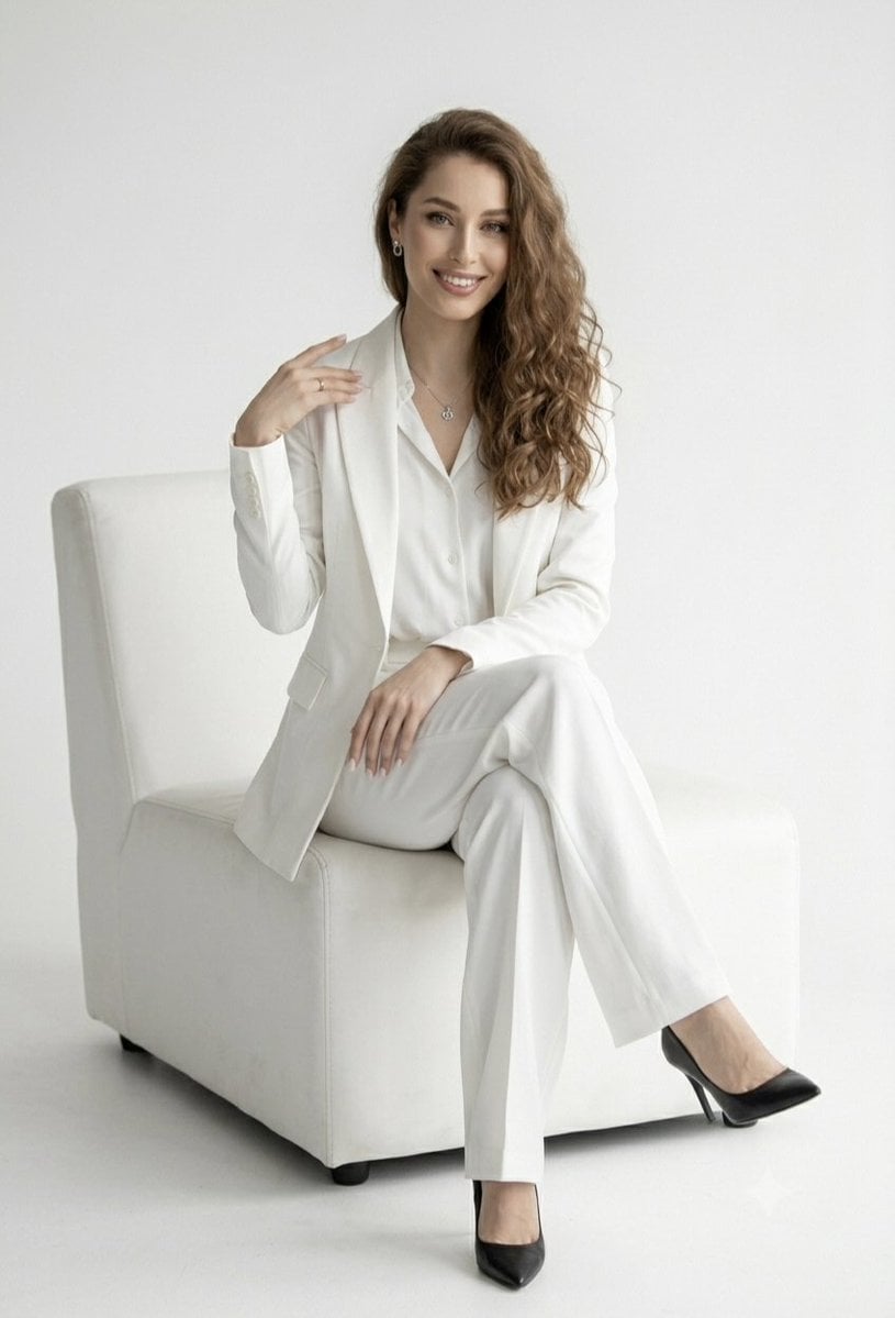 A full-length studio portrait of a confident, smiling woman with long, wavy brow