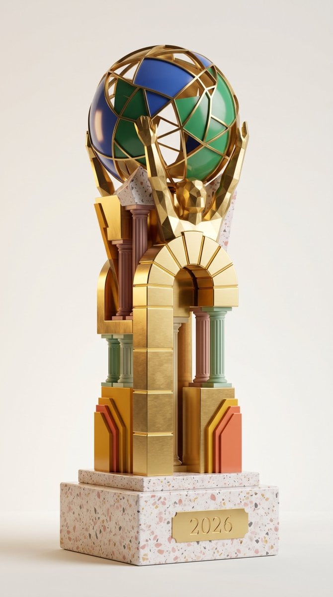 A highly detailed, photorealistic product render of the FIFA 2026 World Cup trop