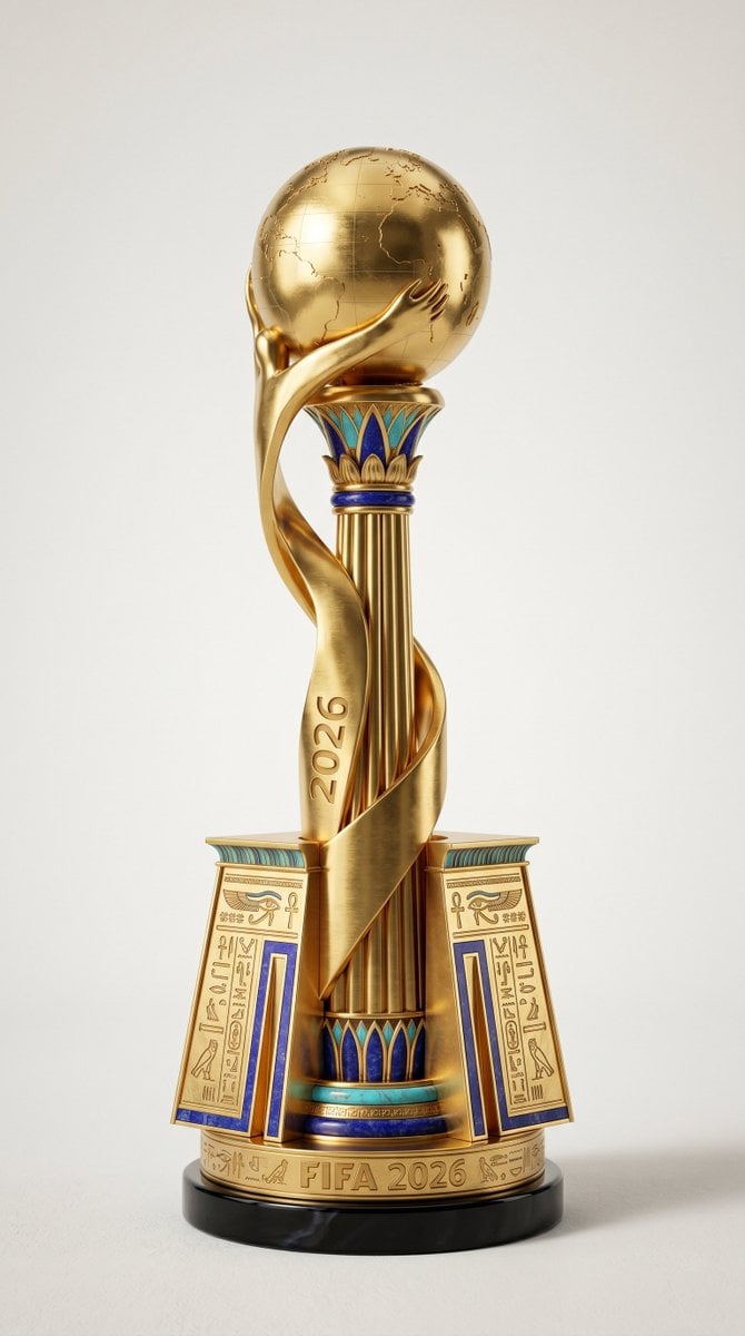 A highly detailed, photorealistic product render of the FIFA 2026 World Cup trop
