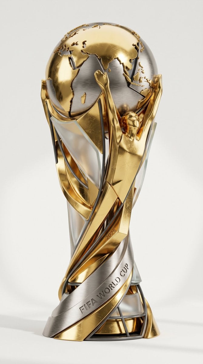 A highly detailed, photorealistic product render of the FIFA 2026 World Cup trop
