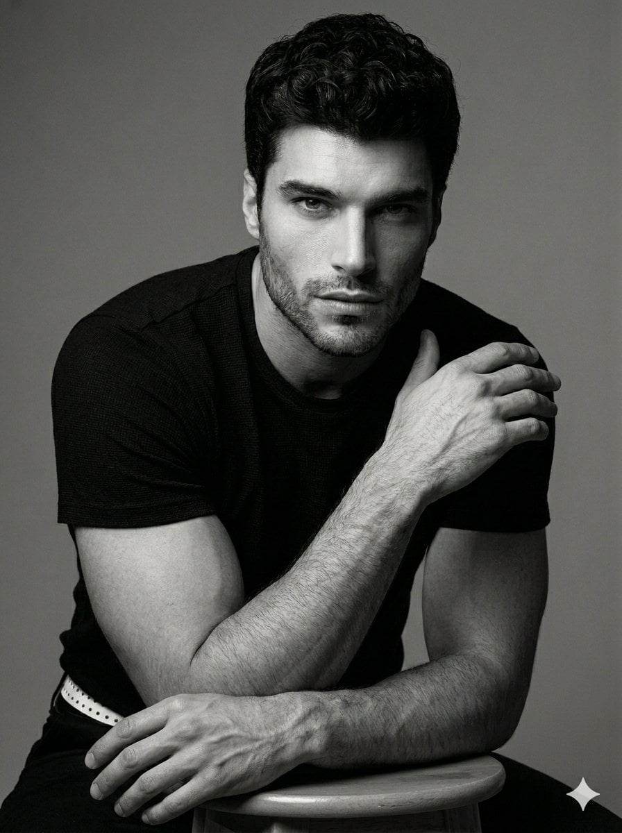 A professional black and white studio portrait of a handsome man with sharp, mas