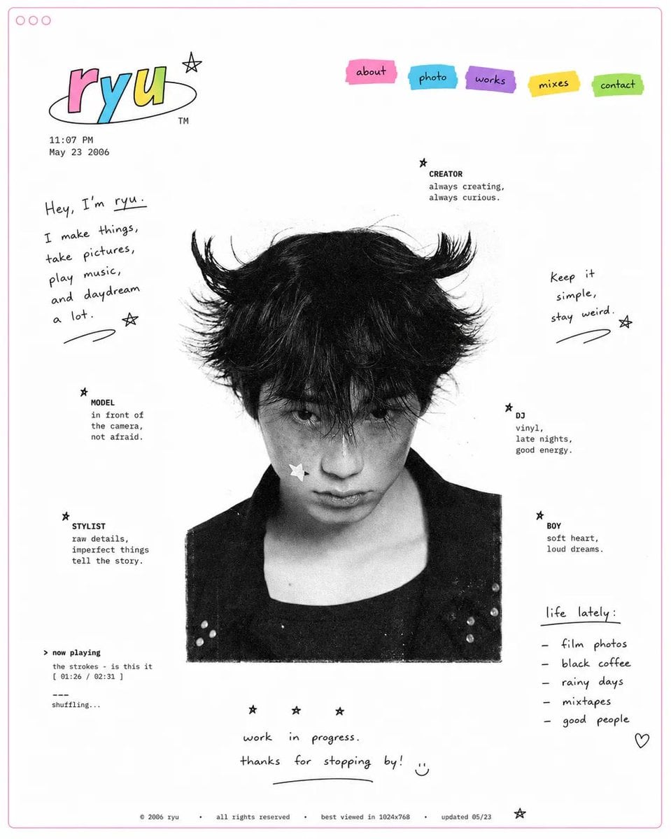 Design a minimal early-internet personal profile webpage / digital portfolio lan
