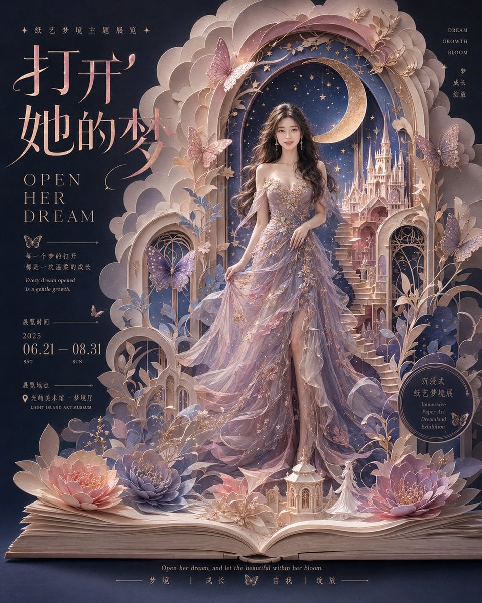 生成一张 4:5 竖版、高完成度的梦幻纸艺展览视觉海报，主题为《打开她的梦 / OPEN HER DREAM》。

整张画面是一张完整的展览海报，而不是普通人物