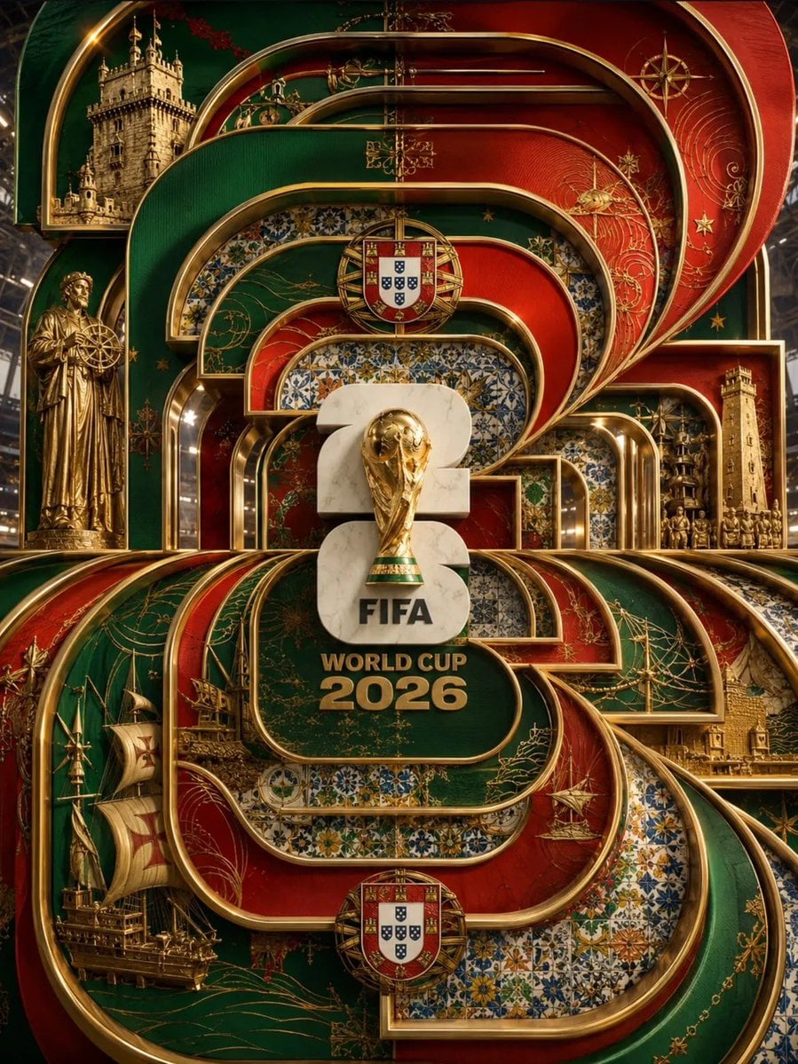 Ultra-luxury FIFA World Cup 2026 poster, monumental layered Art Deco architectur