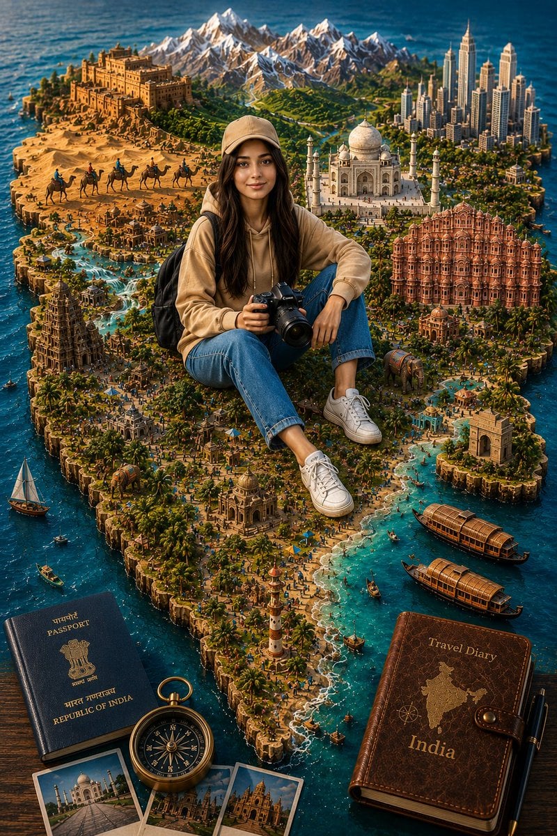 A highly detailed 3D miniature travel diorama of India shaped as a realistic rai