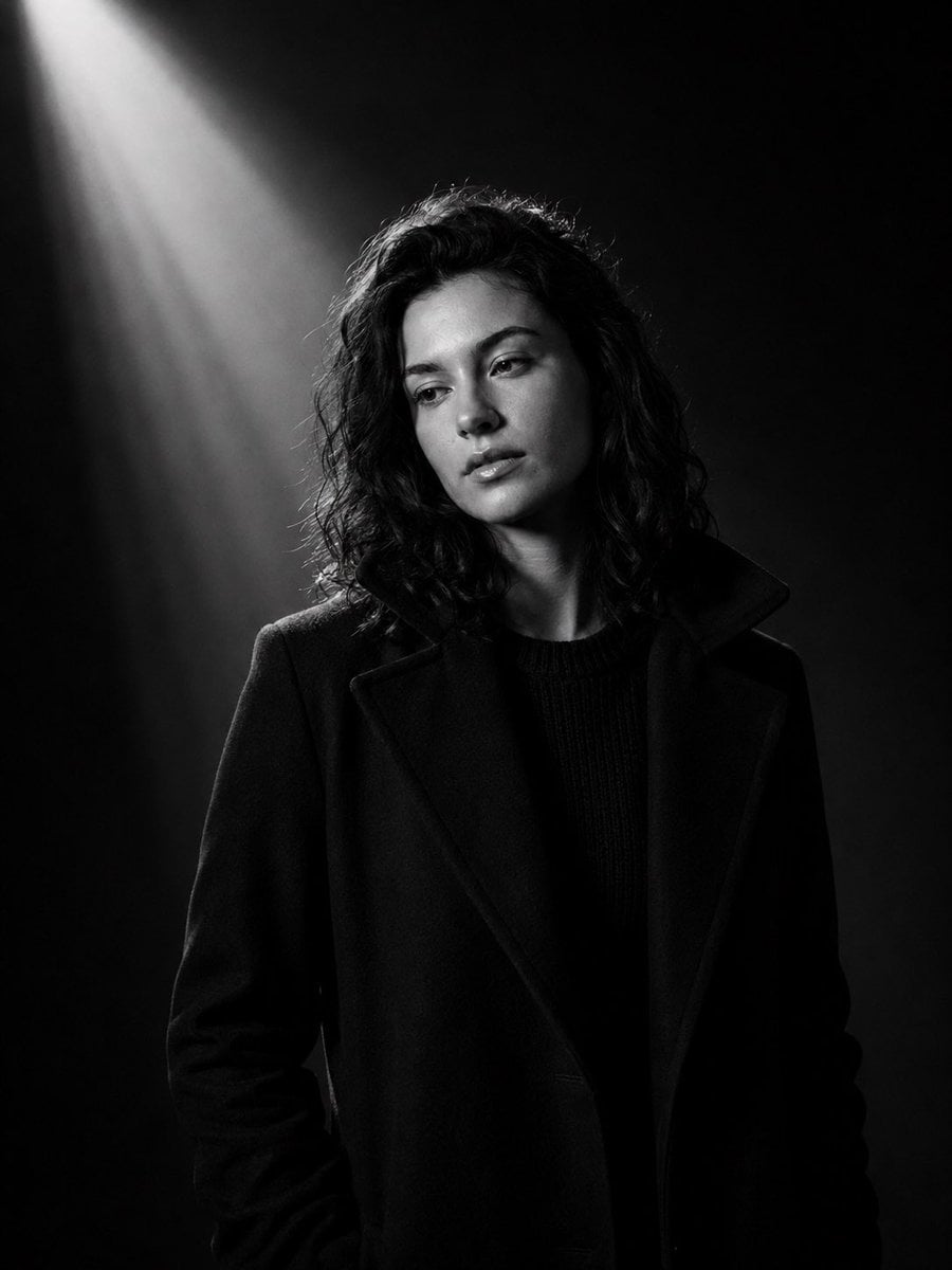 Ultra-cinematic black-and-white portrait of a young man standing in a dark minim