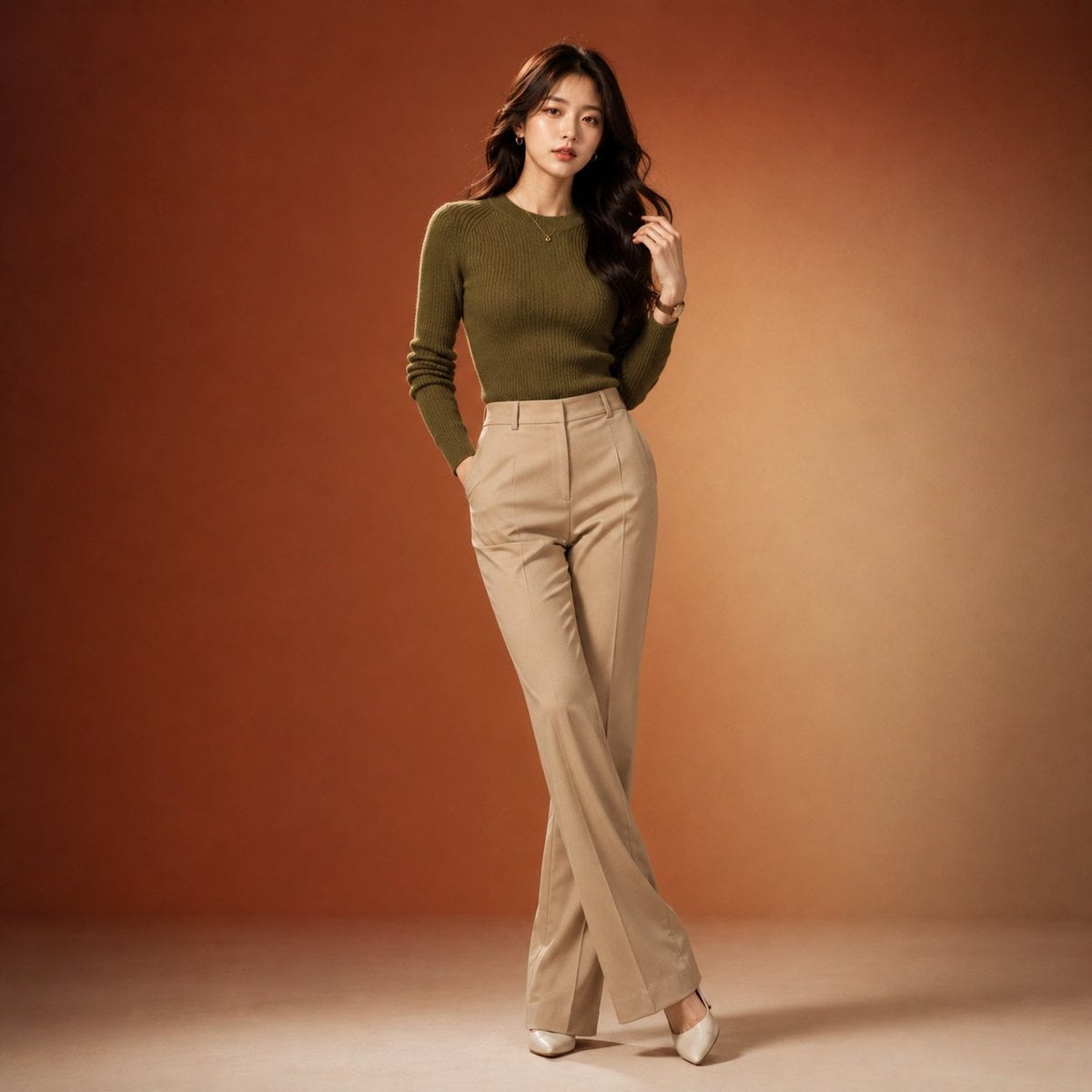 Full-body professional fashion editorial portrait of a beautiful young Korean wo