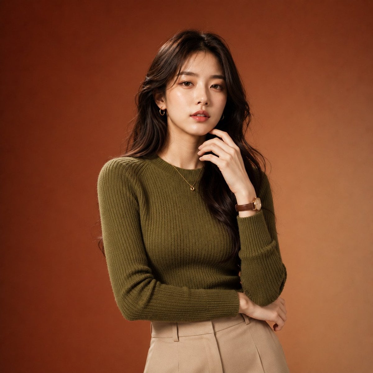 Full-body professional fashion editorial portrait of a beautiful young Korean wo