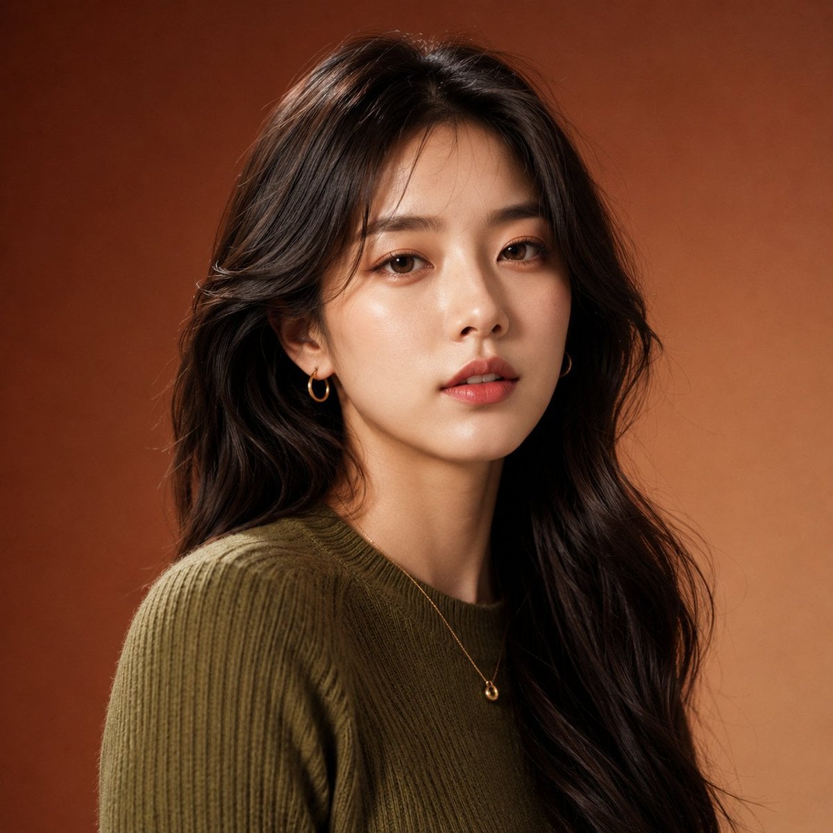 Full-body professional fashion editorial portrait of a beautiful young Korean wo