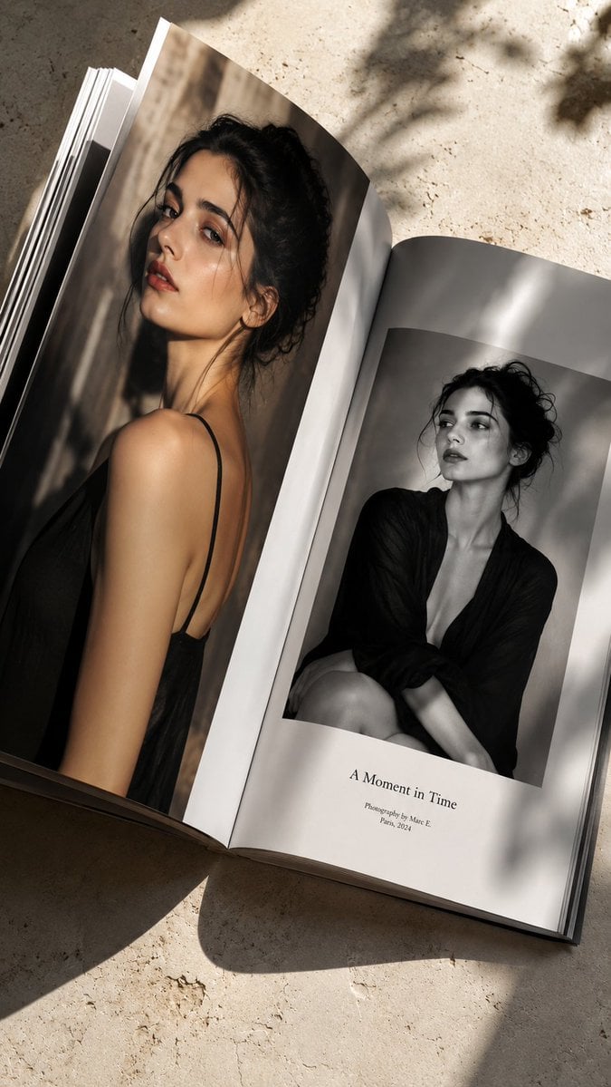 Luxury photorealistic coffee table book, open to two pages, showcasing an artist