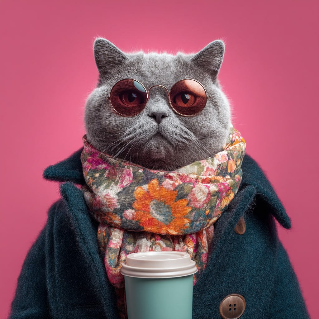 A black british shorthair cat wearing sunglasses and an elegant floral scarf is 