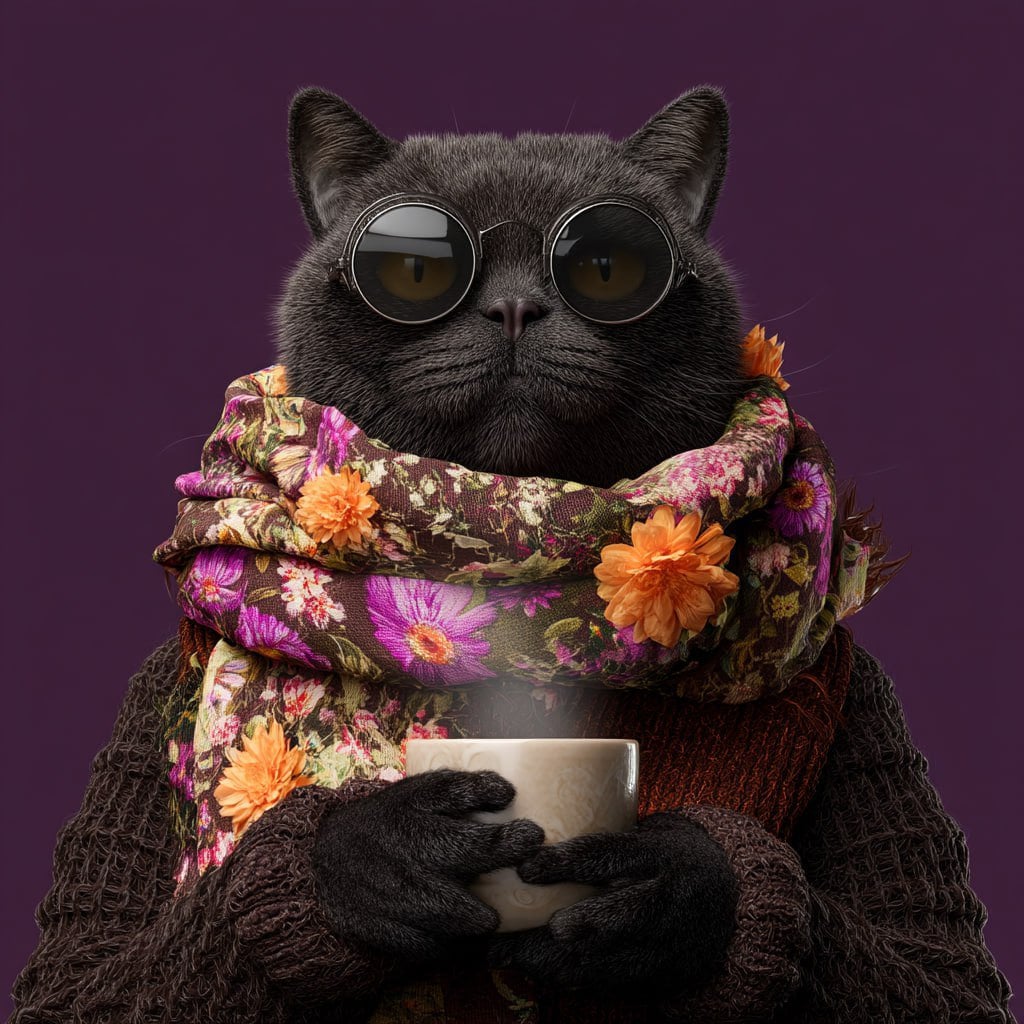 A black british shorthair cat wearing sunglasses and an elegant floral scarf is 