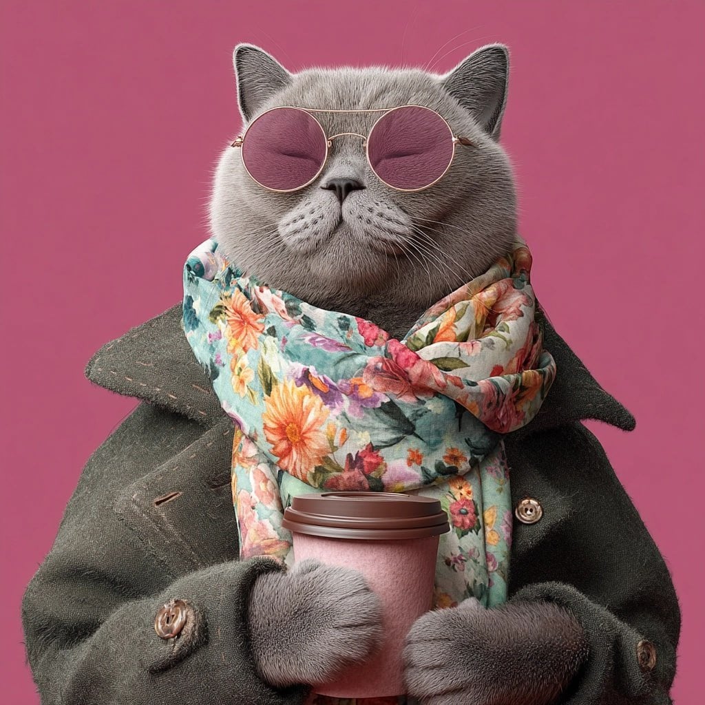 A black british shorthair cat wearing sunglasses and an elegant floral scarf is 