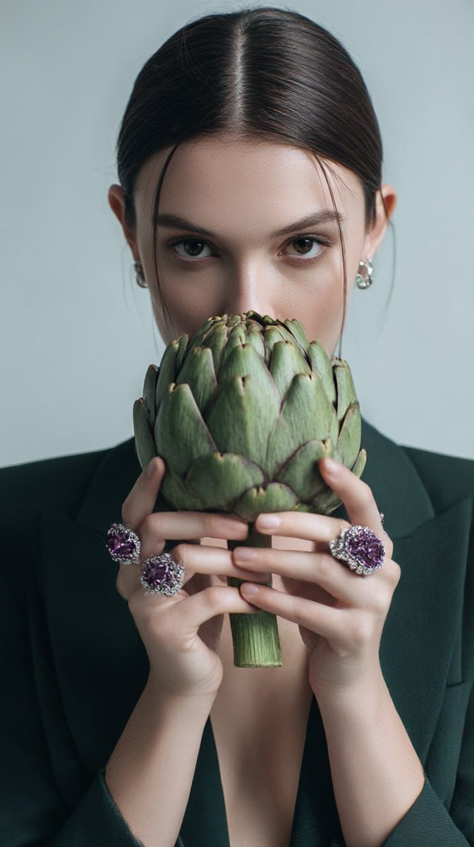 A portrait of a young woman with refined features, holding a large artichoke in 