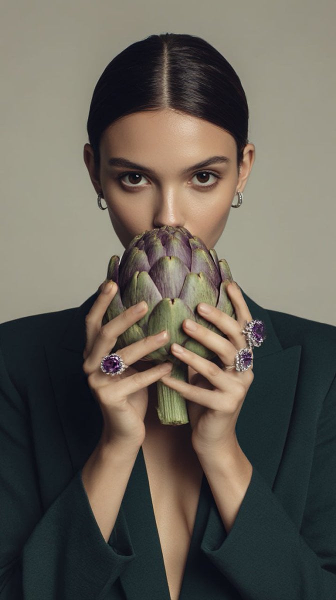 A portrait of a young woman with refined features, holding a large artichoke in 
