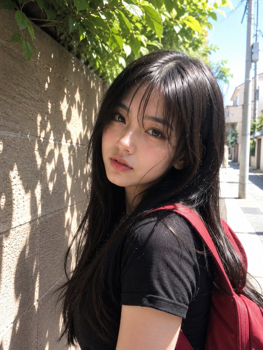 Beautiful young Japanese girl with long silky black hair and soft wispy bangs, l