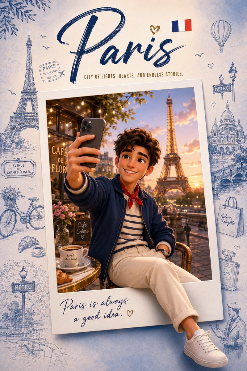 Create a premium collectible travel poster in a cute stylized 3D cartoon/Pixar-i