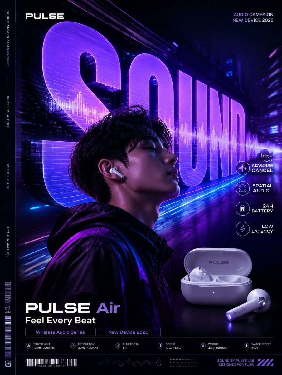 【主题】：[产品类型]新品推广海报
【品牌名】：[品牌名]
【产品名】：[产品名]
【主标题大字】：[例如 SCENT / TIME / SOUND / EXP