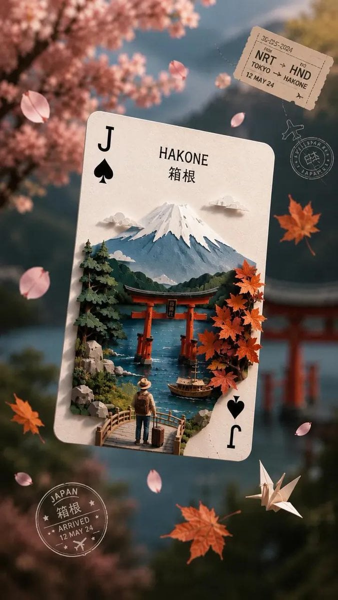 Ultra-detailed fantasy travel poster inspired by Japan, featuring a floating Jac