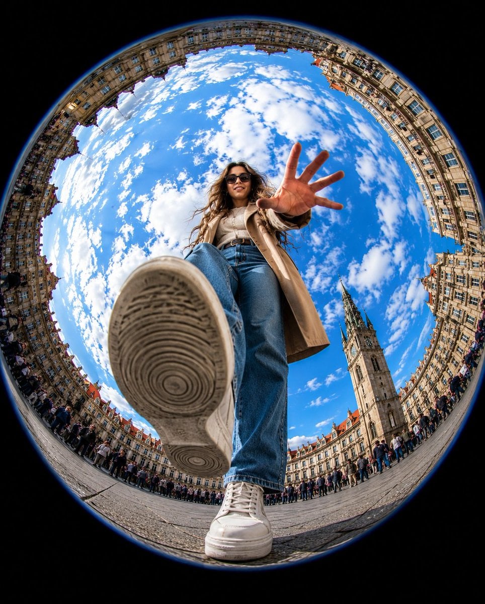 Ultra-realistic action photography, extreme fisheye lens, 8mm, worm’s-eye view f