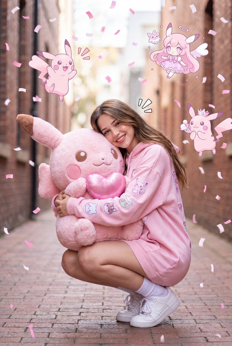 A hyper-realistic full-body portrait of a cute young woman crouching in a narrow