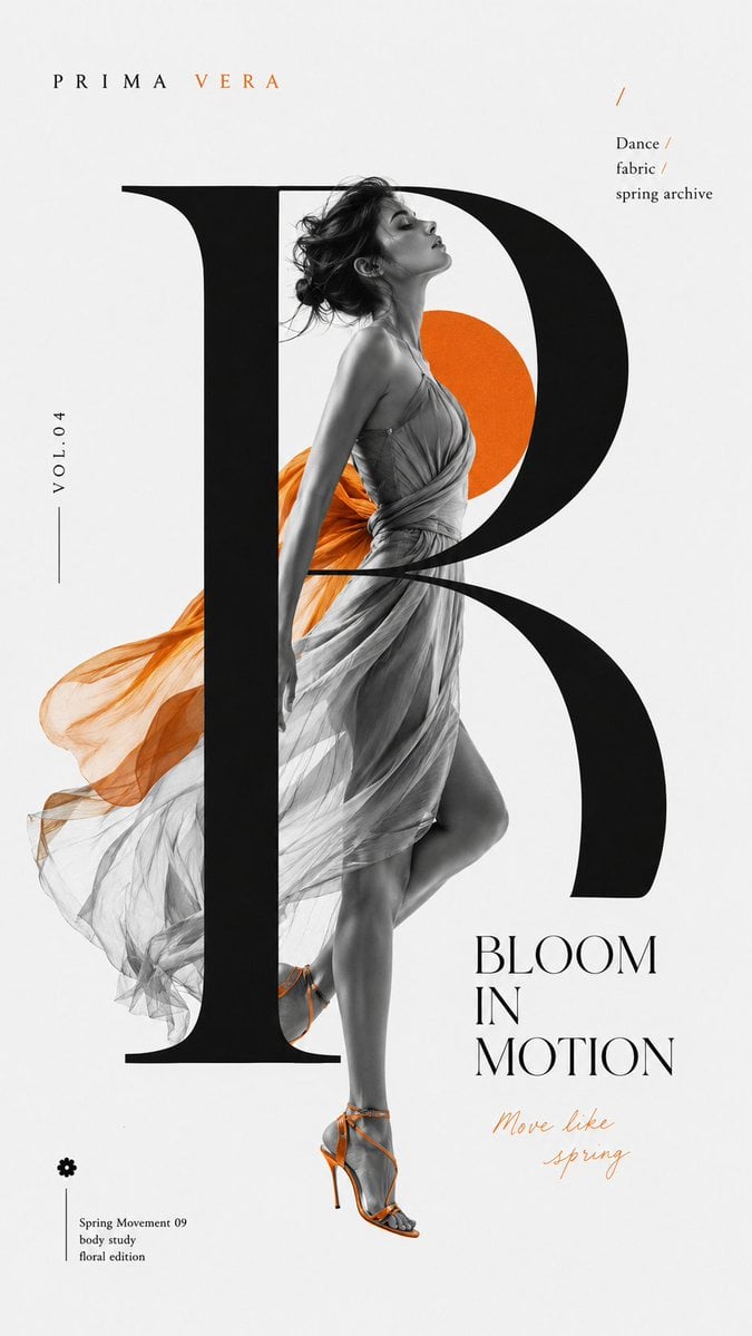 Create a high-end graphic fashion poster with strong color, typography, fashion 