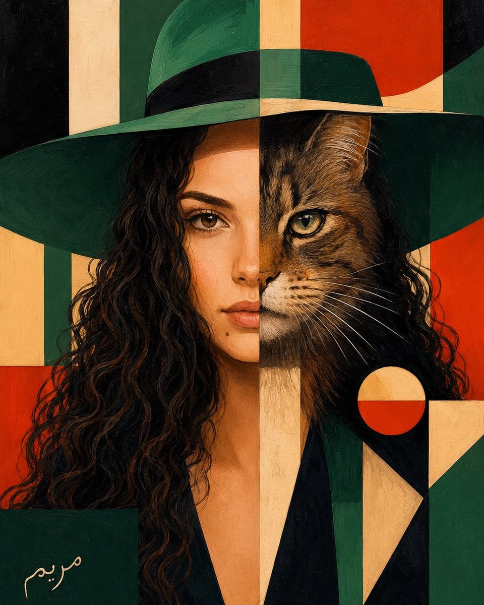 Create a premium fine-art surreal portrait inspired by geometric modernism and l