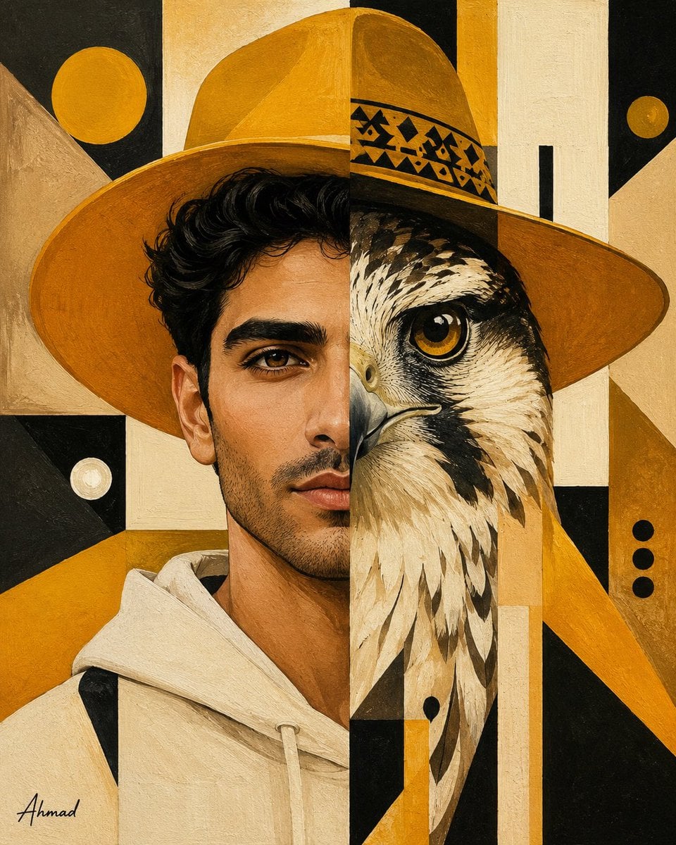 Create a premium fine-art surreal portrait inspired by geometric modernism and l