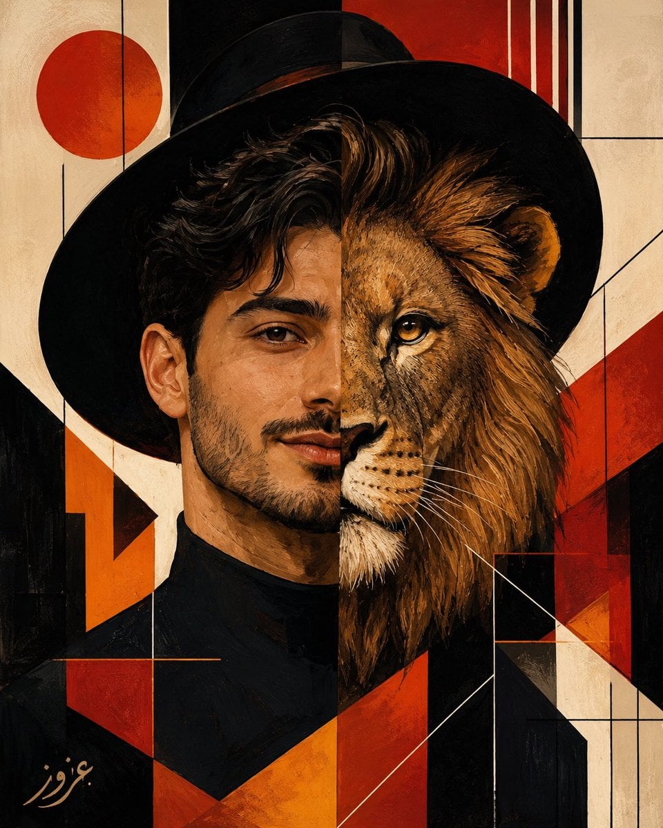 Create a premium fine-art surreal portrait inspired by geometric modernism and l