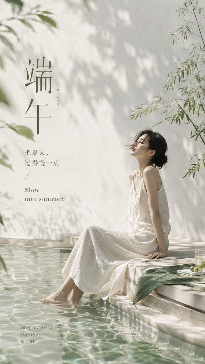 生成一张 9:16 竖版高级海报，主题为「端午」，但必须彻底跳出传统节日海报框架。不要做粽子、卡通龙舟、红金喜庆、祥云边框、安康祝福模板，也不要做成过度概念化的