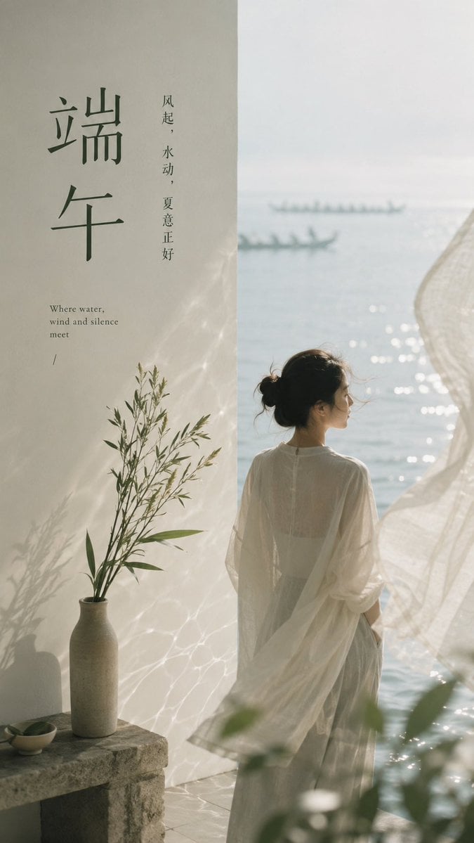 生成一张 9:16 竖版高级海报，主题为「端午」，但必须彻底跳出传统节日海报框架。不要做粽子、卡通龙舟、红金喜庆、祥云边框、安康祝福模板，也不要做成过度概念化的