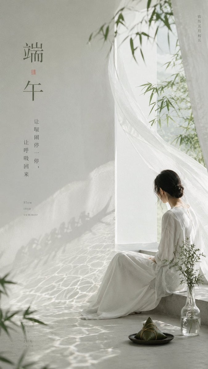 生成一张 9:16 竖版高级海报，主题为「端午」，但必须彻底跳出传统节日海报框架。不要做粽子、卡通龙舟、红金喜庆、祥云边框、安康祝福模板，也不要做成过度概念化的