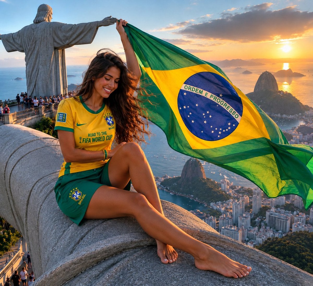 Young Brazilian football supporter with long wavy dark hair and a joyful express