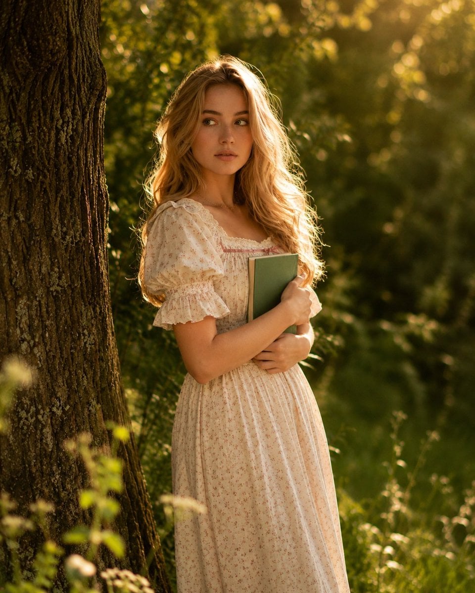 A dreamy cottagecore editorial portrait captured during golden hour in a peacefu