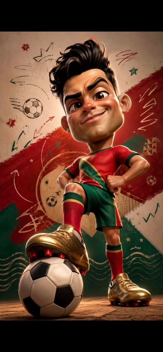 Full body caricature of a famous male football player with oversized head, exagg