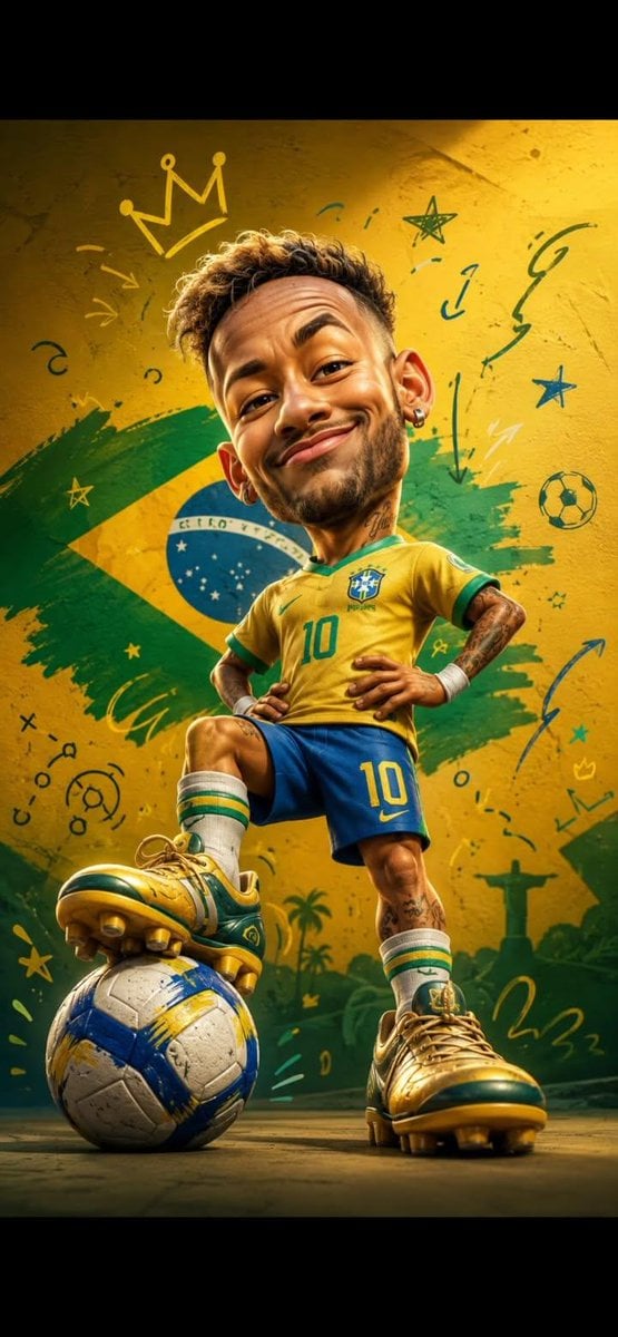 Full body caricature of a famous male football player with oversized head, exagg