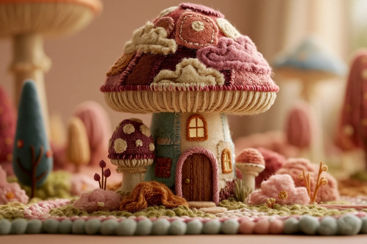 A stop-motion animation style scene featuring a whimsical fabric sculpture of a 