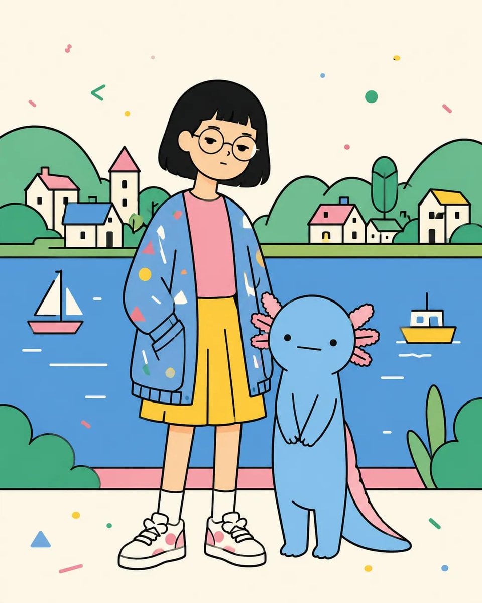 Cute minimalist pastel doodle illustration, kawaii character standing side-by-si