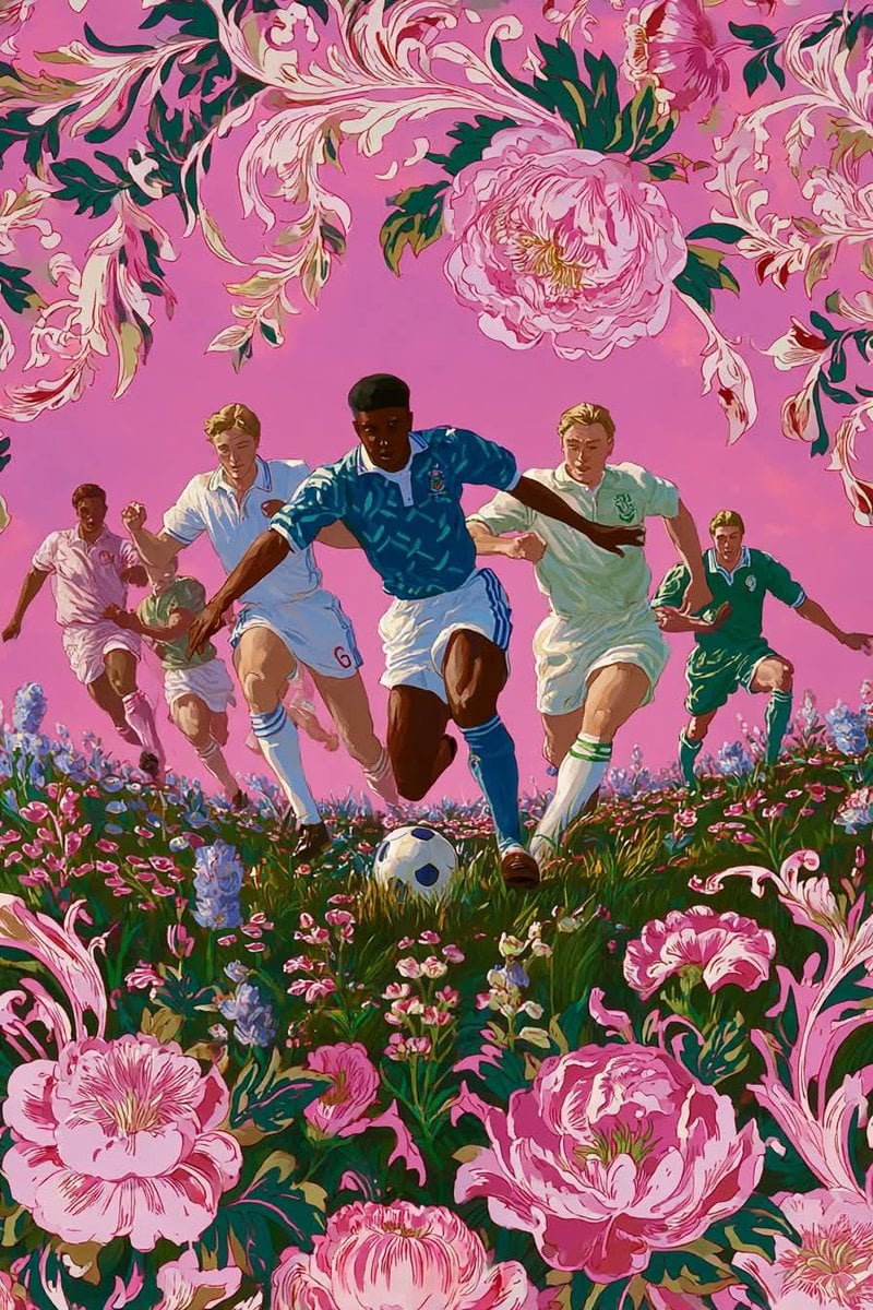 Dreamlike football-inspired surrealist illustration, massive pink football stadi