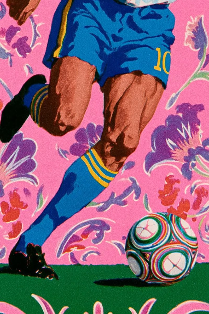 Dreamlike football-inspired surrealist illustration, massive pink football stadi