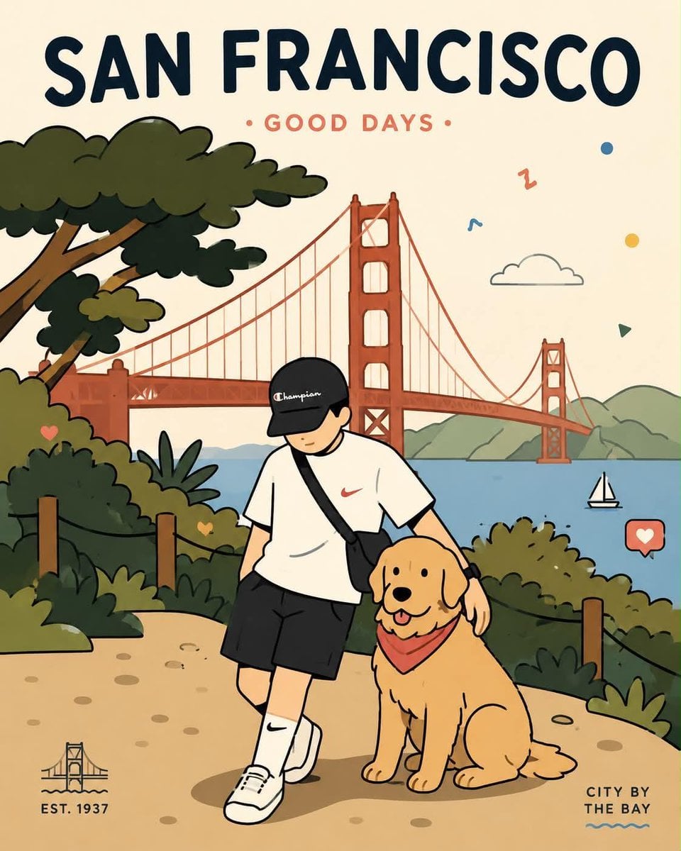 Playful flat-vector poster illustration of [Human] posing with [Animal] in [Pose