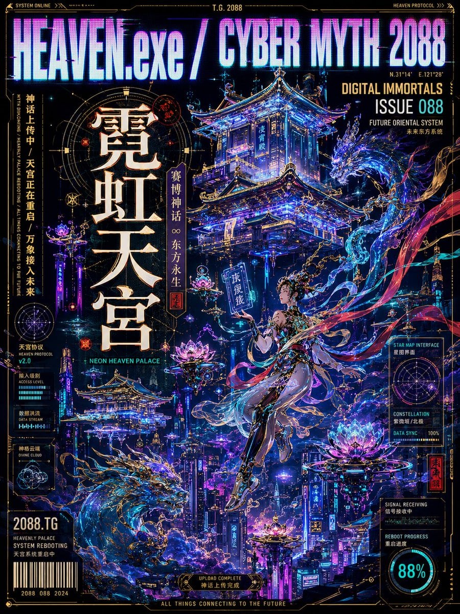 生成一张【极繁主义矢量艺术杂志封面海报】，画幅为【竖版3:4/ 9:16 / 横版16:9】。
主题为【填写主题，例如：中国神话未来志/山海经都市传说/东方神话
