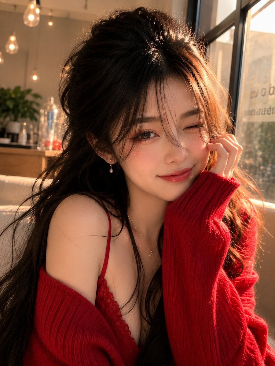 Ultra-detailed portrait of a beautiful young East Asian woman sitting indoors be