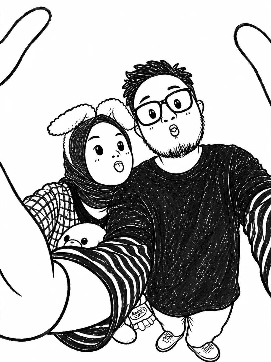 Turn the uploaded photo into a cute black-and-white hand-drawn doodle illustrati